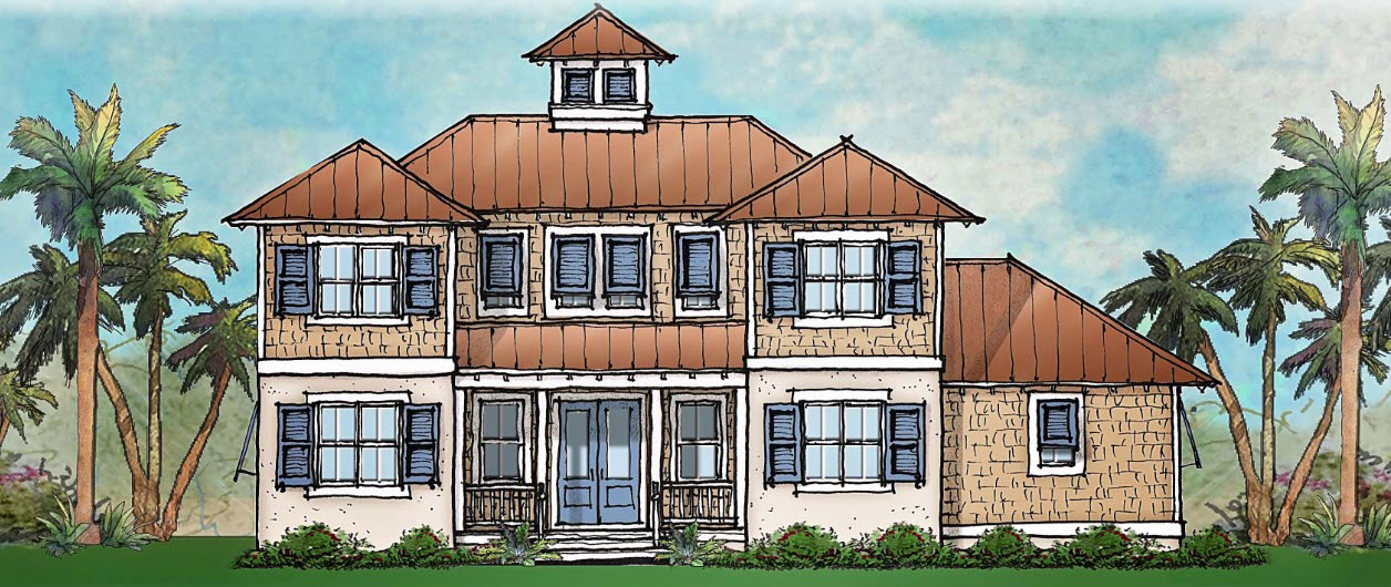 Illustration of a two-story house with a brown roof, light tan siding, blue shutters, and a front porch, showcasing lush green landscaping and palm trees beneath a blue sky—perfect inspiration for 2 story house plans.